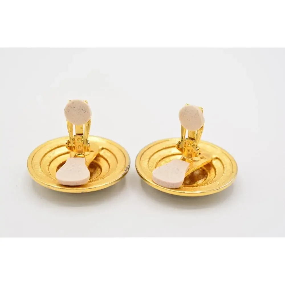 Craft Vintage Spartan Coin Clip On Earrings Roman Gold Crystal Signed 80s BinAS